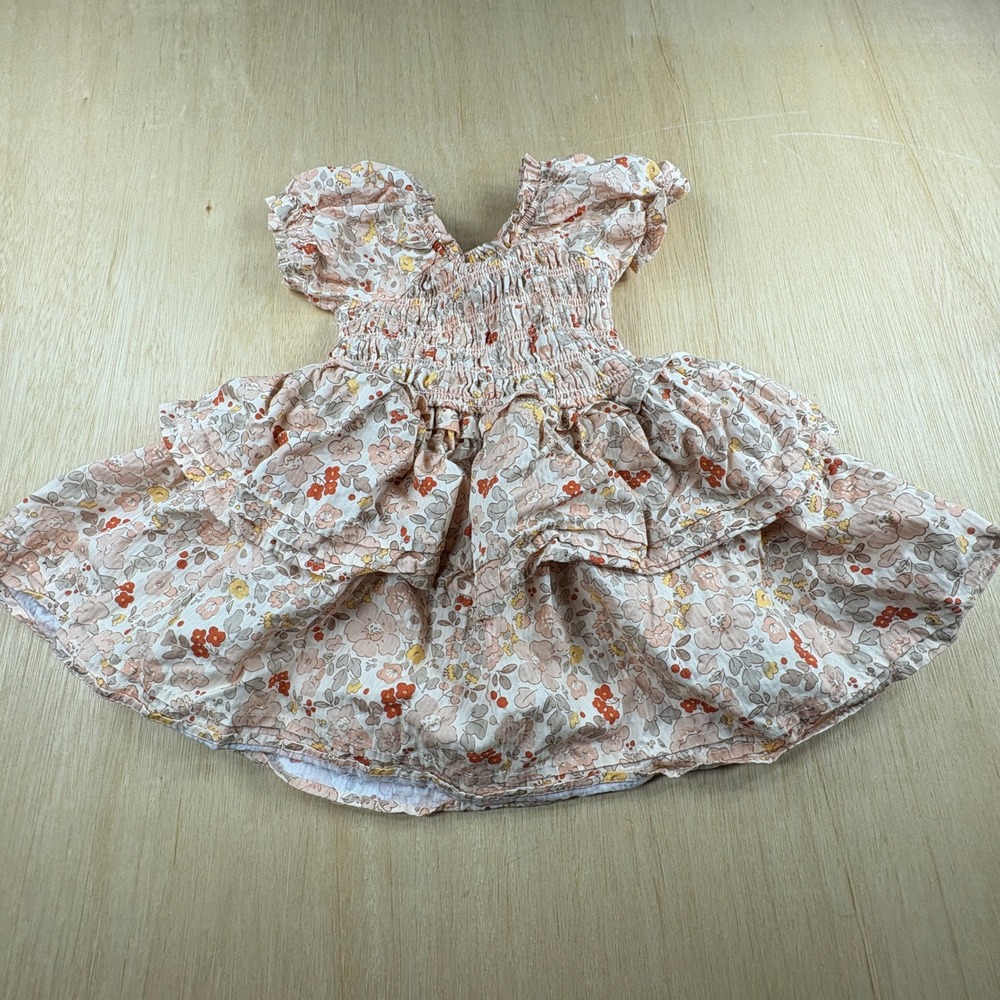 Rabbit + Bear Organic Floral Smocked Tiered Ruffle Dress 2T Pink Tan Cotton